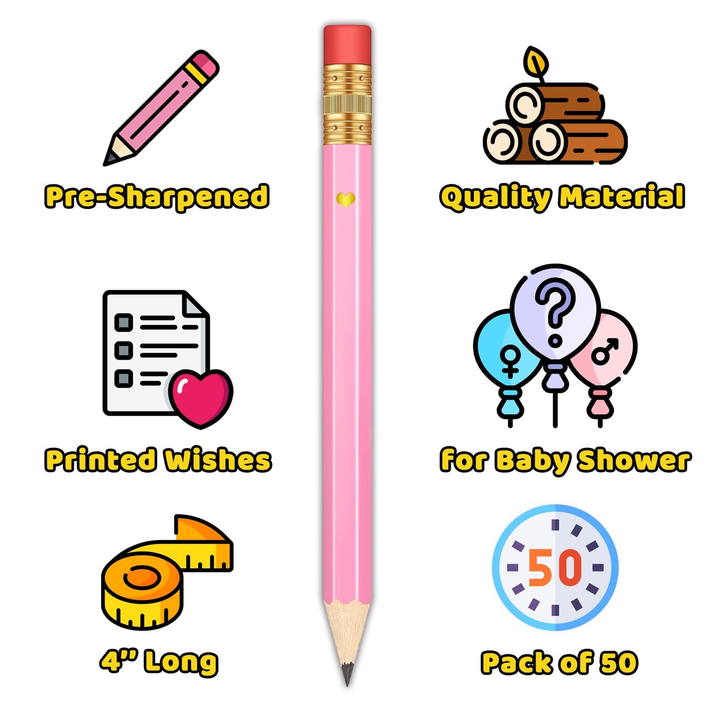 Vusnud 50Pcs - Baby Shower Sharpened Half Pencils With Erasers, Pre-Sharpened Pencils For Baby Shower Games, 4 Inches
