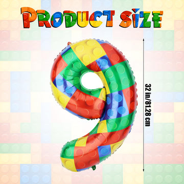 SAVITA 32 Inch Multicolor Number 9 Balloon - Colorful Foil Helium Balloon for Birthday Brick Theme Party Decorations
