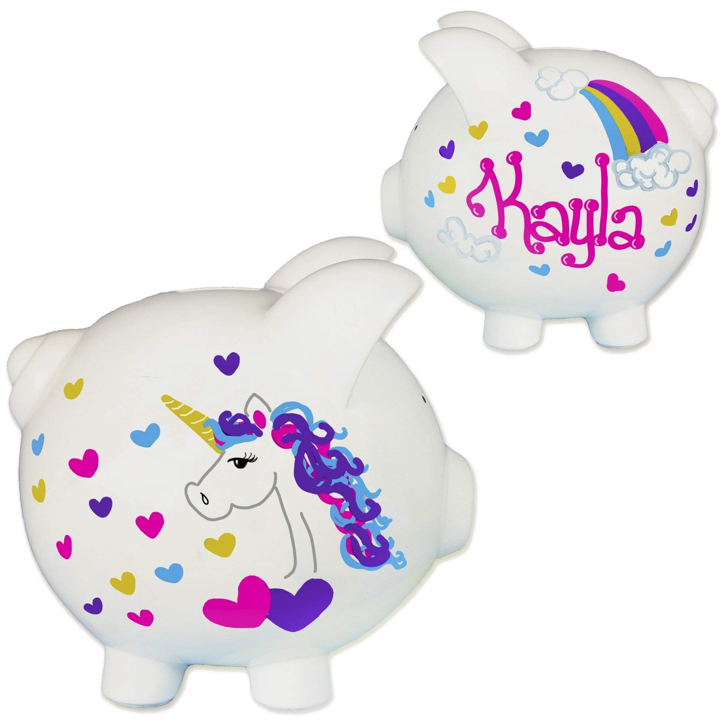 My Bambino Girl'S Hand Painted Personalized Pink Ladybug Piggy Bank Large White Ceramic Piggybank Baby Gift (Unicorn)