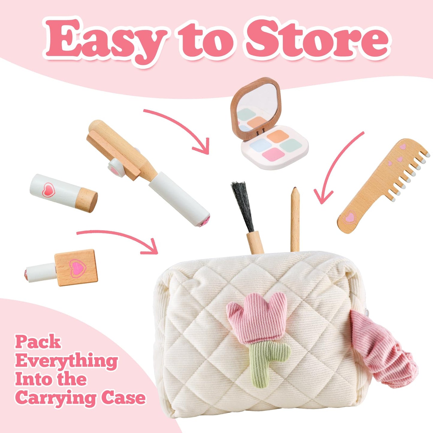 Wooden Makeup Toy Set for Toddlers, 16 Pieces Pretend Play Beauty Salon Kit with Styling Tools, Cosmetics and Storage Bag for Ki