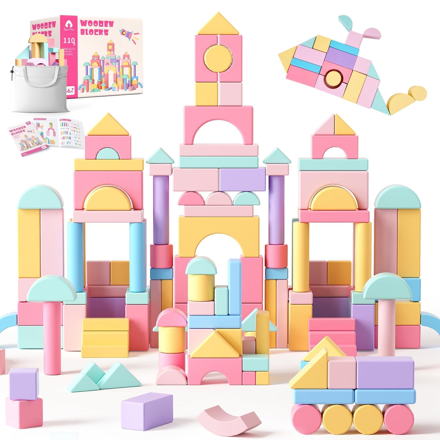 Vigorfun 110 Pcs Wooden Building Blocks Set - Construction Stacking Toy With Storage Bag, Montessori Preschool Toys For Toddlers