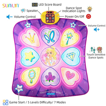 Sunlin Dance Mat Toys For Girls Ages 3-10 | Dance Pad With Led Lights, Adjustable Volume, 9 Built-In Music, 7 Game Modes, 5 Challenge Levels | Christmas Birthday Gifts For 3 4 5 6 7 8+ Years Old Girl