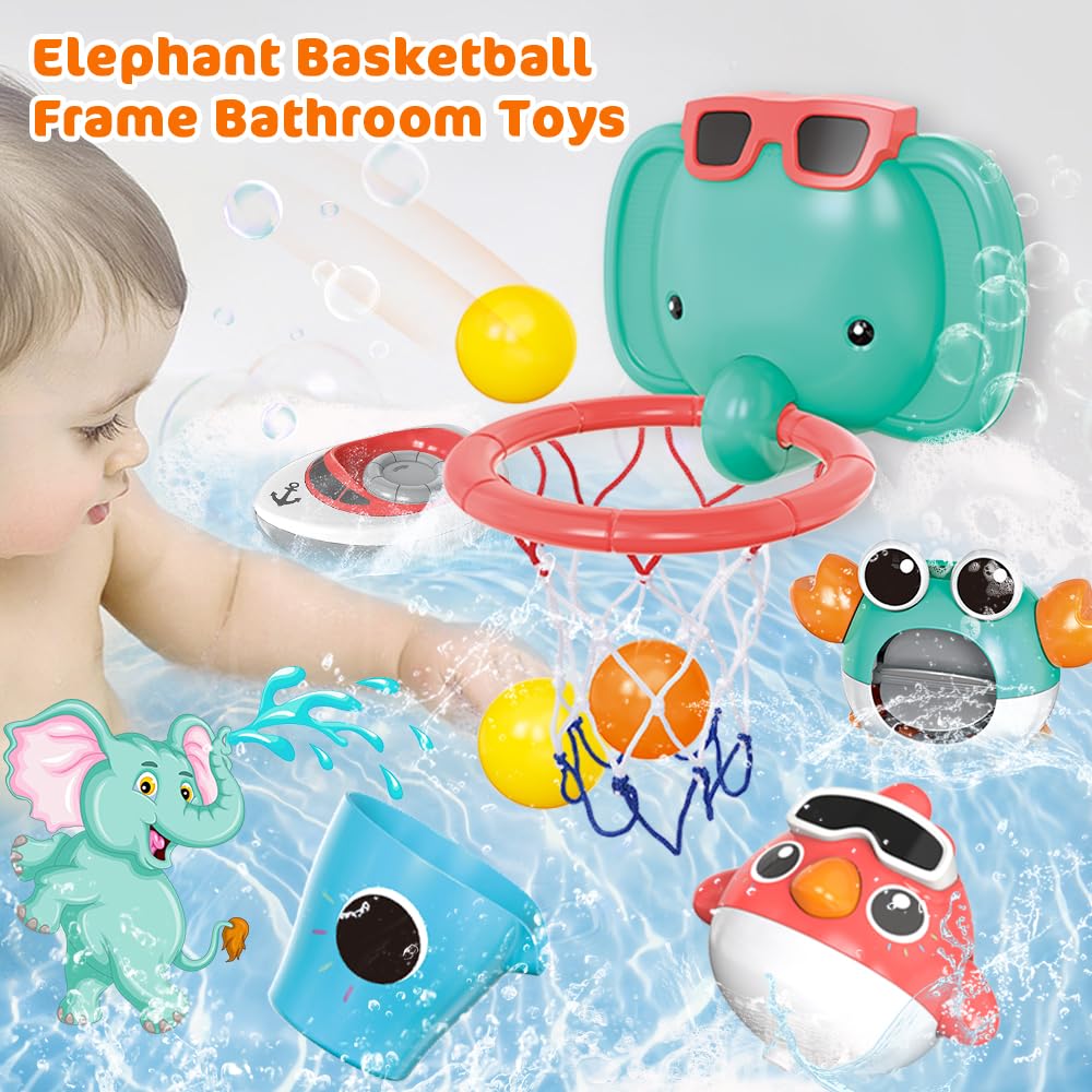 Vatos Baby Bath Toys, Elephant Basketball Hoop Bathroom Baby Toys For Babies Boys Girls 1 Year Old, Baby Bathtub Playset With Bird, Crab, Clouds, Yacht Best Bath Gift For Toddlers 1-3