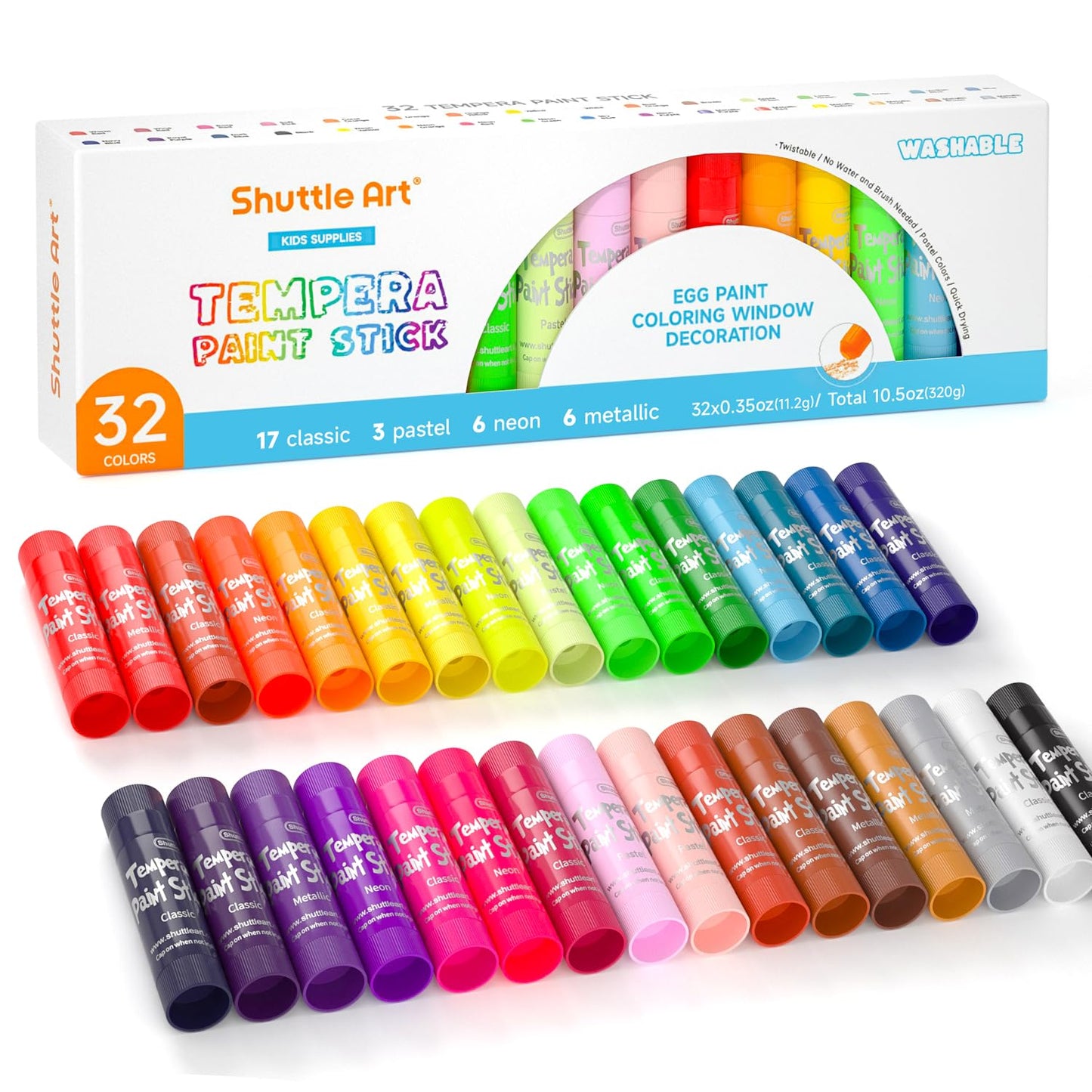 Shuttle Art Tempera Paint Sticks, 32 Colors Solid Tempera Paint For Kids, Super Quick Drying, No-Toxic, Works Great On Paper Wood Glass Ceramic Canvas