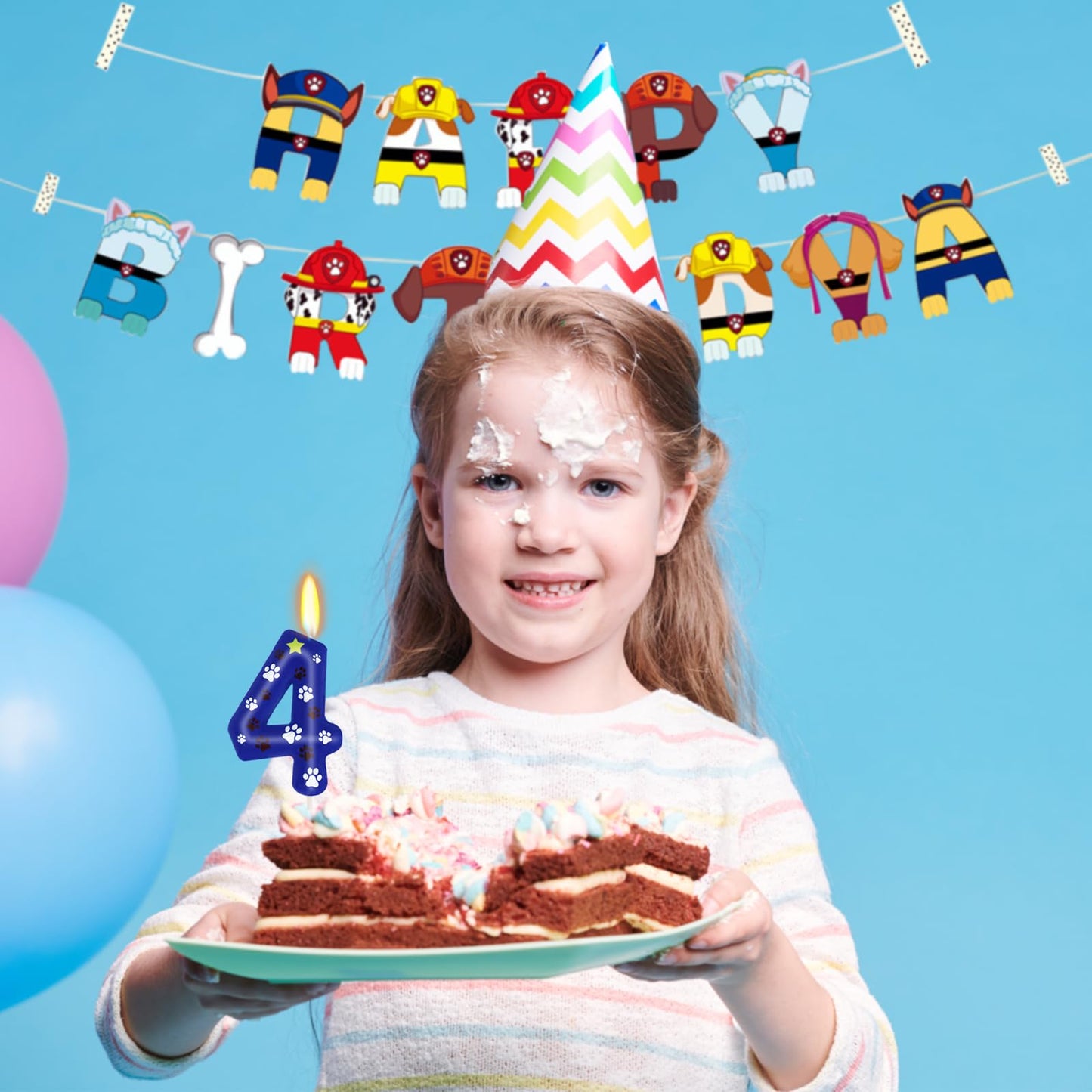 ElekFX Blue Dog Paw Birthday Candles, Number 4 Dog Patrol Birthday Party Supplies, 2.76 inch Paw Cake Topper Decorations, Birthd