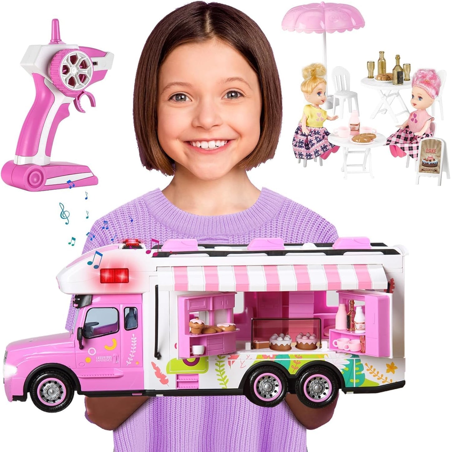 Carox Remote Control Car for Girls Food Truck Toy Playset,Pink Remote Control Food Truck with Food Set, Dolls and Tableware Set,