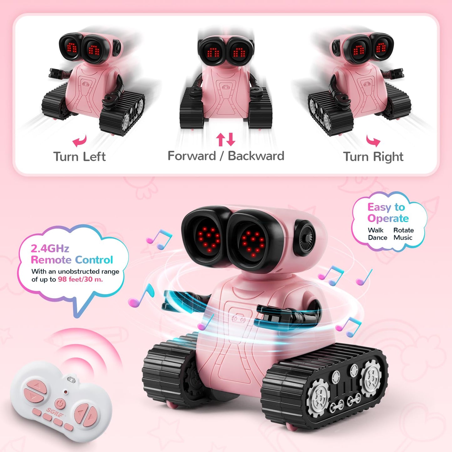 Sgile Remote Control Robot Toys With Music And Led Emojis Eyes, Auto-Demonstration, Rc Rechargeable Emo Robots For Kids Age 3 4 5 6 7 Year Old Girls And Boys Gift Pink