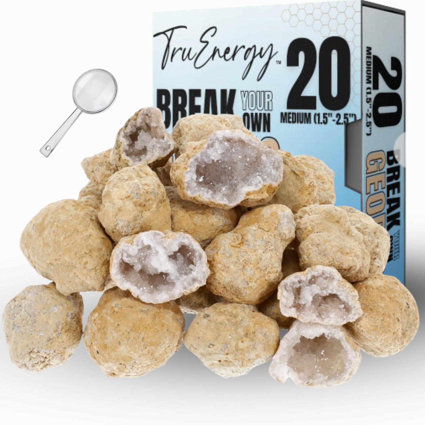 Truenergy Medium Break Your Own Geodes 20 (1.5 -2.5'') Premium Easy To Open Geode With Crystals - Includes Magnifying Glass An