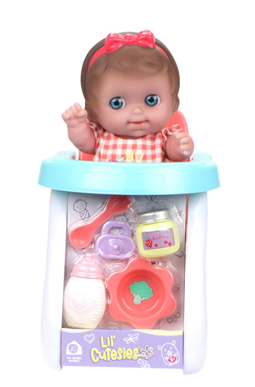 JC Toys Lil Cutesies 9 All Vinyl Baby Doll Feeding Time Gift Set| Posable and Washable | Removable Outfit | High Chair and Feeding Accessories Ages 2+
