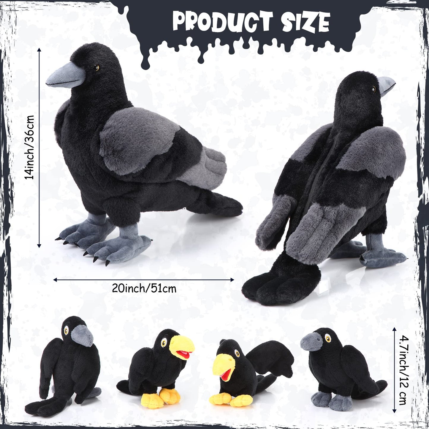 Hydren 5 Pc Black Crow Plush Toy Set Realistic Crow Stuffed Animal Soft Large Black Bird Crow Plush And 4 Small Black Crows For