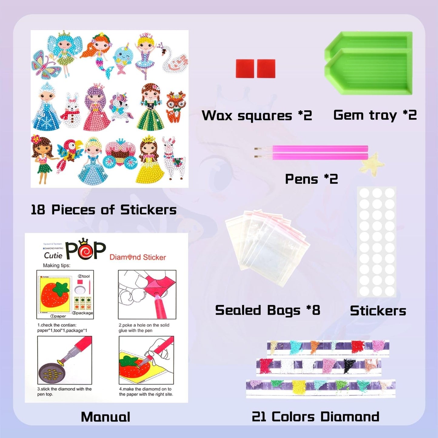 Cymbana Painting Diamond Kits For Kids 18 Pcs Princess And Their Buddy Gen Art Sticker For Kids Ages 6-8 8-12 Contains Unicorn,