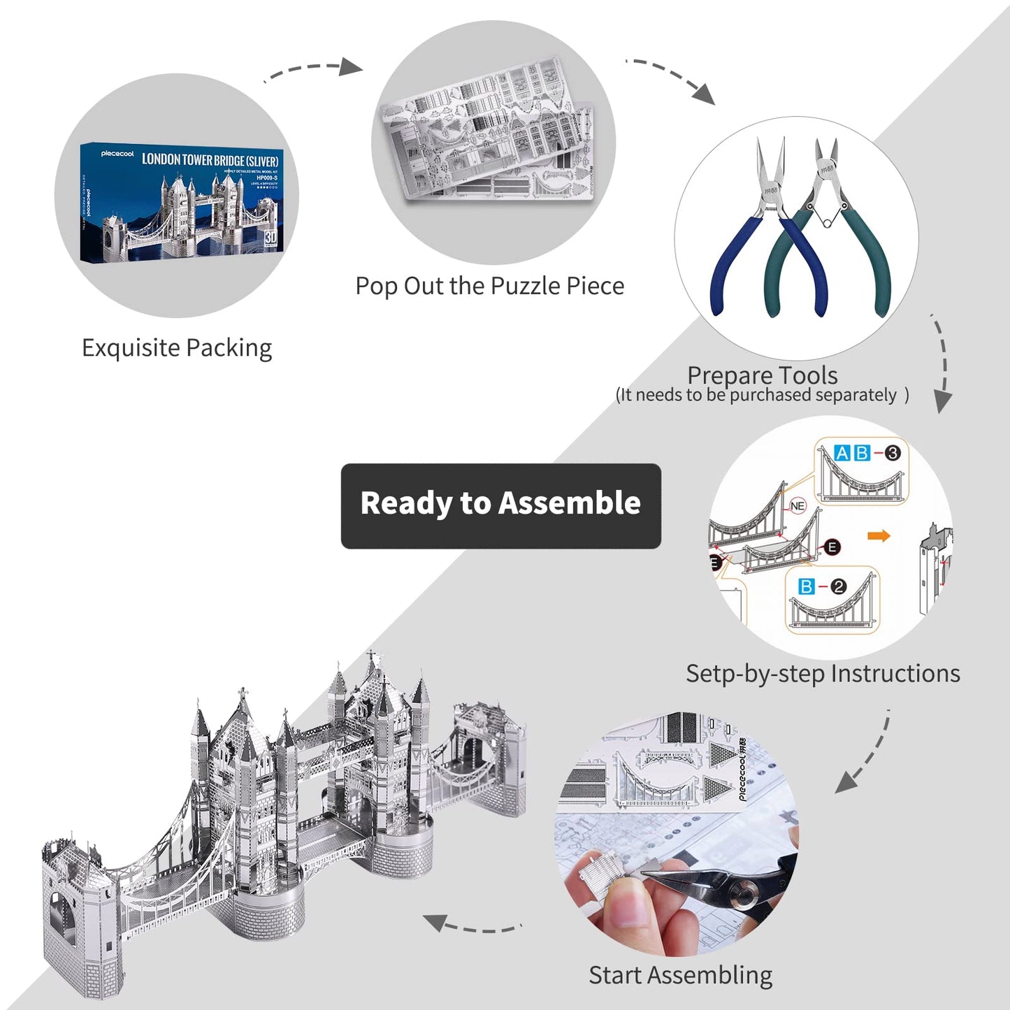 Piececool 3D Puzzles For Adults, London Tower Bridge Metal Models Kit, Famous Landmarks Architecture Building Blocks Models Kits, Diy Craft Toys Gifts For Birhtday Christmas, 65 Pcs
