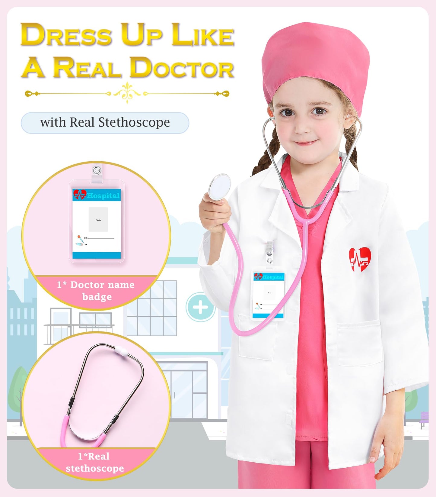BIBUTY Doctor Costume for Girls Doctor Scrubs Costume for Kids with Lab Coat, Carry Bag, Stethoscope, Doctor Dress Up for Hallow