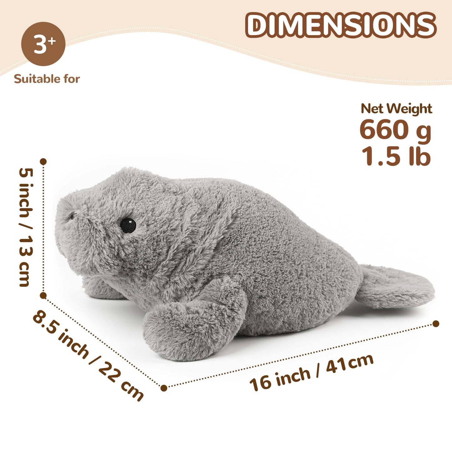 Cuckool Manatee Stuffed Animal - Gray Plush, 16"x8.5"x5", Microwavable Lavender Scent Toy for Kids & Adults