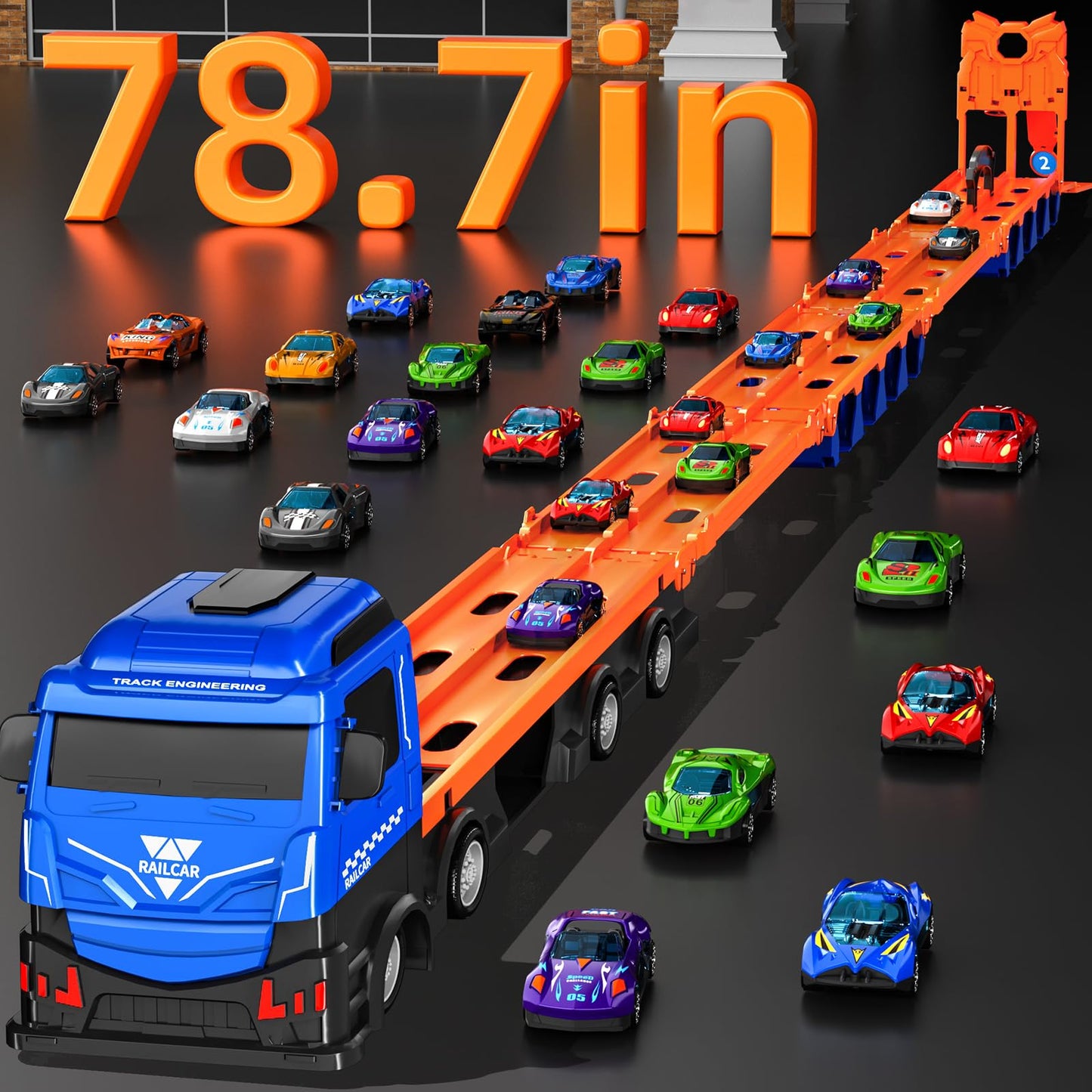 MSKOLER 78.7-Inch Racing Car Railway Truck Toy for Boys 2 3 4 5 6 7 Years Old - Transport Carrier Trucks, Foldable Tracks Storag