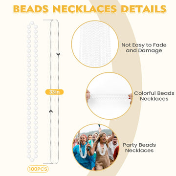 100 PCS White Bead Necklaces, 33'' White Mardi Gras Beads, Christmas Beads Necklaces, 4th of July Beads Necklaces, Parade Throws
