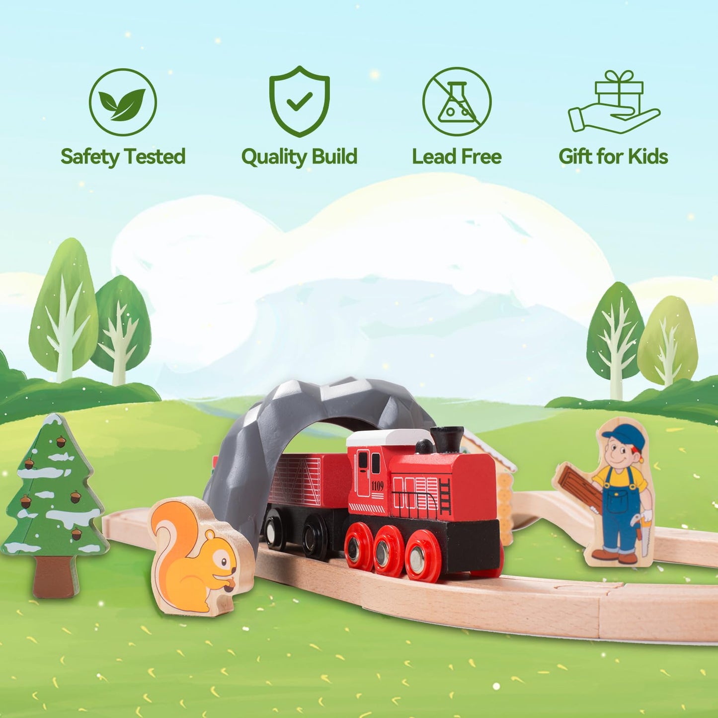 Giant Bean Forest Theme Wooden Train Set For Toddler- 36Pcs Expandable & Changeable Wooden Train Tracks Toy, For Kids Boys And G