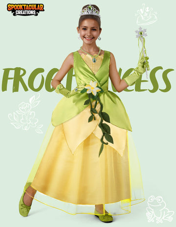 Spooktacular Creations Halloween Girls Frog Princess Dress, Green Fairy Costume For Kids, Fancy Gown Dress With Accessories For