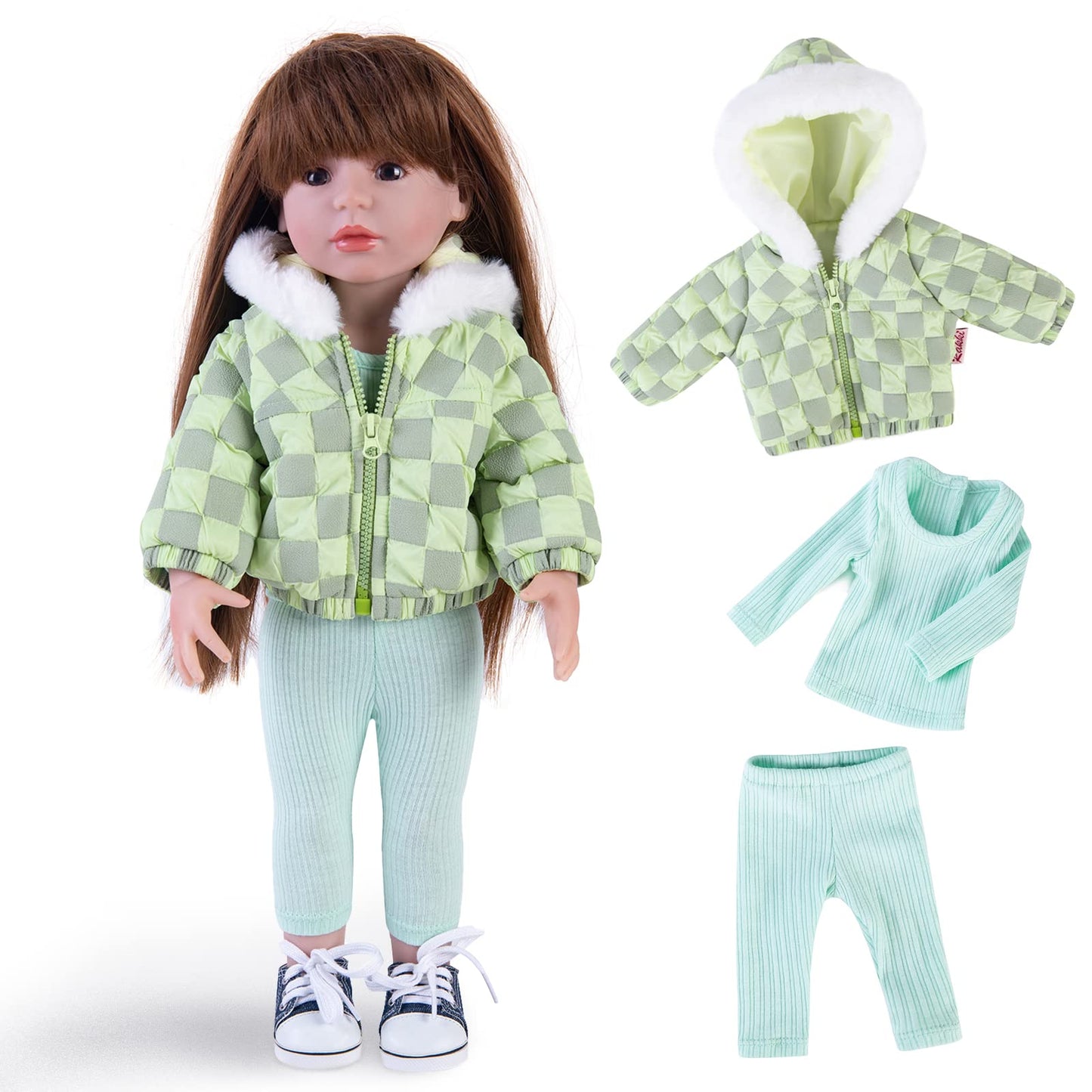 Rakki Dolli Doll Clothes 3 Pc. Set Light Green Grey Plaid Hooded Thick Coat Checkerboard Jacket With Long Sleeve, Warm Doll Outfit Hoodie Snowsuit Fits For 18' Dolls (Doll & Shoes Not Included) 013