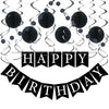 LITAUS, Birthday Decorations, NO DIY - Pack of 16 | Black Happy Birthday Banner, Honeycomb Balls, Swirls, Garland | Happy Birthd