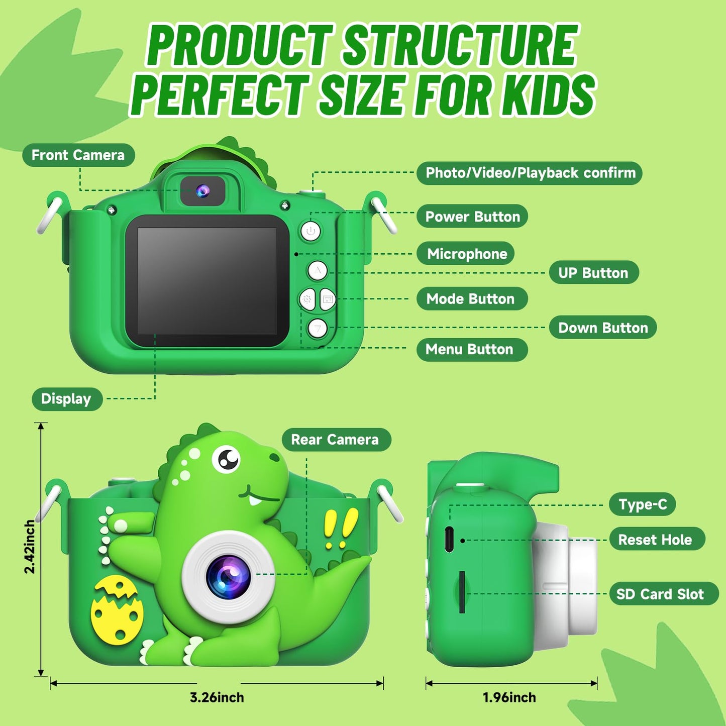 Mindpal Selfie Kids Camera,Dinosaur Christmas Birthday Gifts For Kids, 1080P Hd Digital Video Camera With 32 Gb Sd Card For Todd