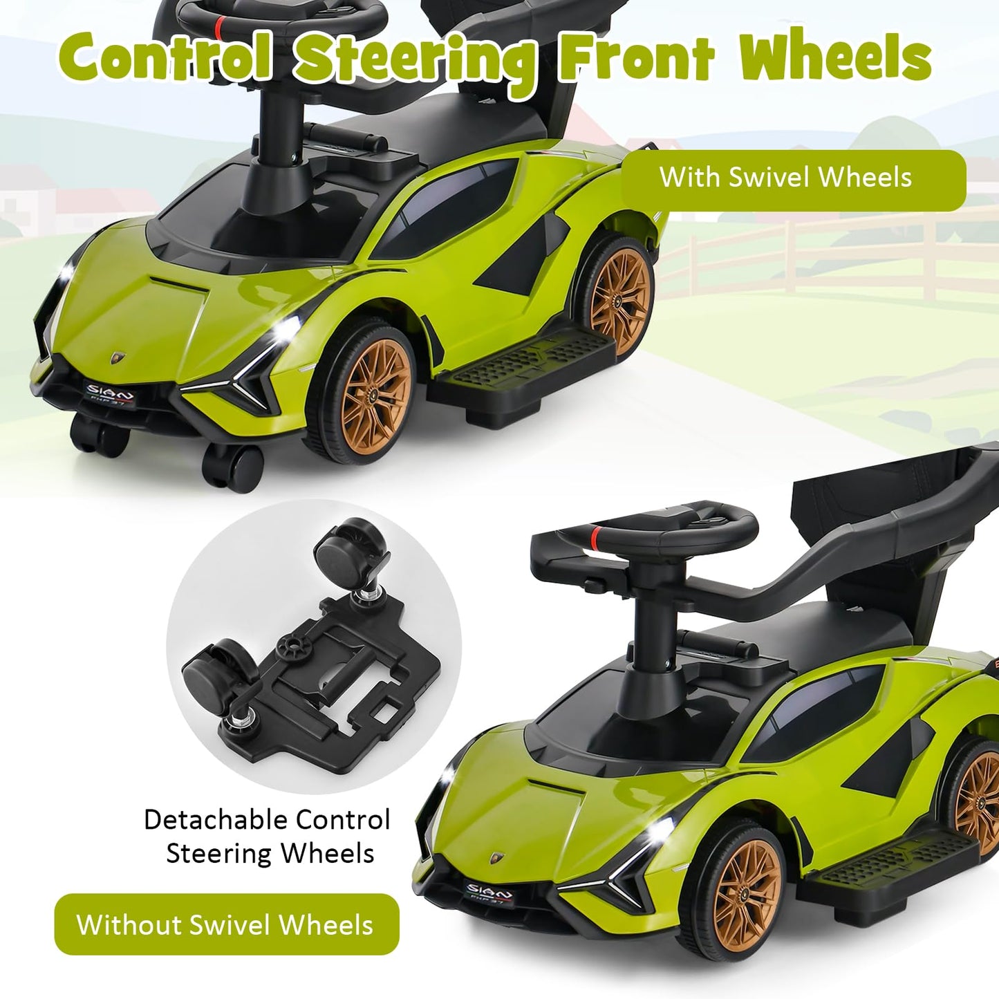 Infans 3 In 1 Ride On Push Car, Licensed Lamborghini Baby Stroller Sliding Walking Car With Push Handle, Music, Usb, Headlight, Under Seat Storage, Kids Foot-To-Floor Toy For 18-60 Months (Green)