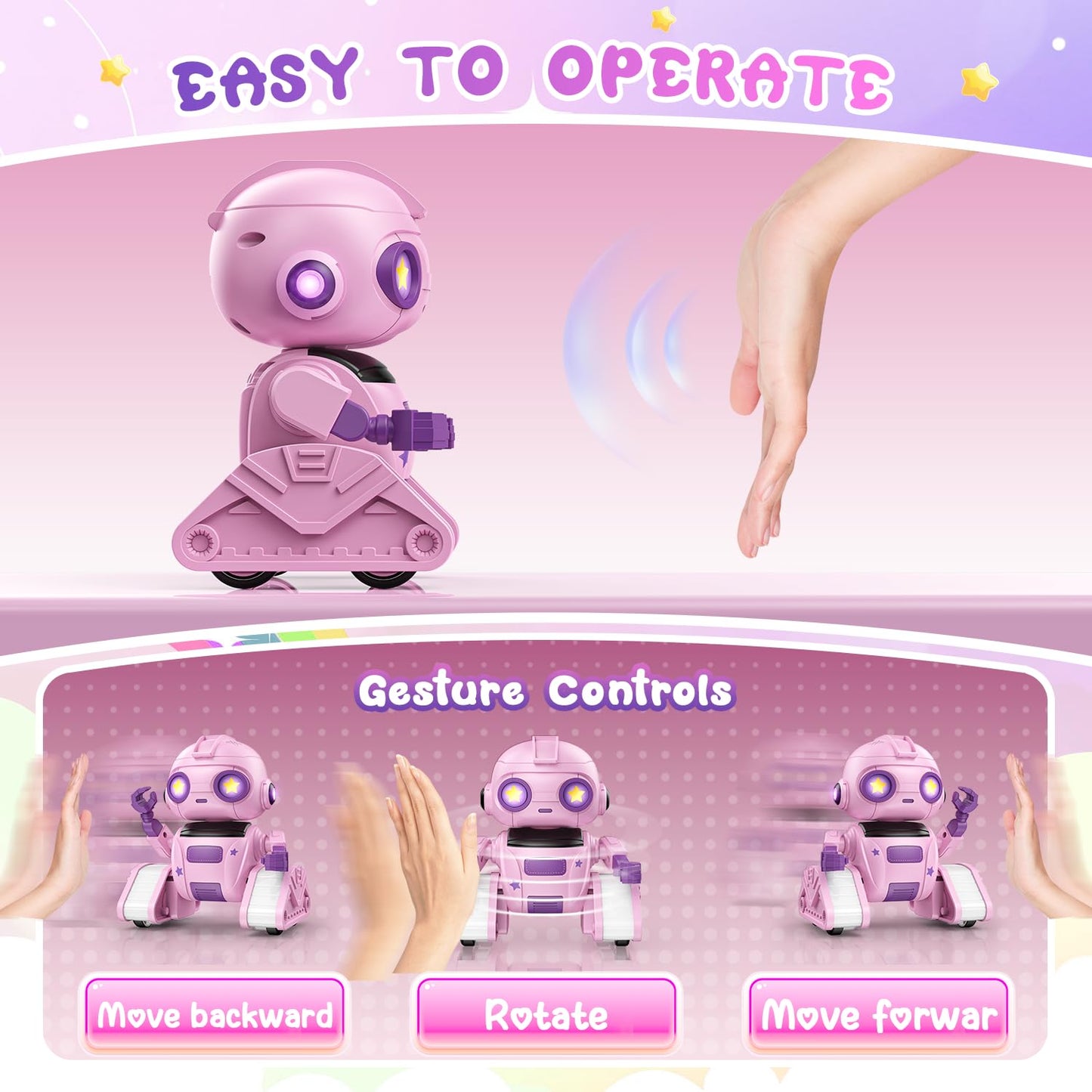 Baiwu Robot Toys For Kids,Rc Robot With Gesture Sensing & Led Eyes,Star Projector And Music,Boys & Girls Toys For 6+ Age(Pink)