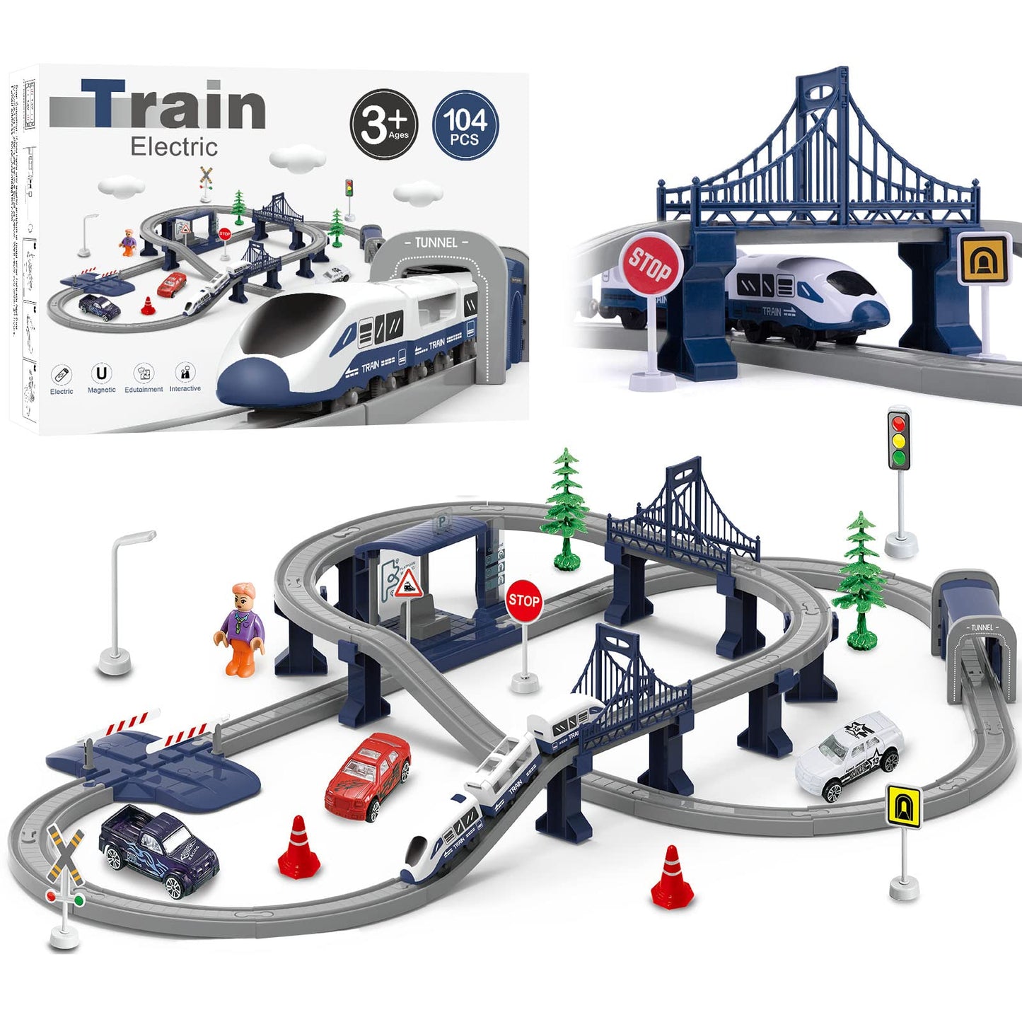 Train Sets For Boys 4-7, 66 Pcs Battery Operated Train Set With Tracks(Magnetic Connection), Compatible With Thomas, Brio, Chuggington, Gifts For 3 4 5 6 Years Old (City)