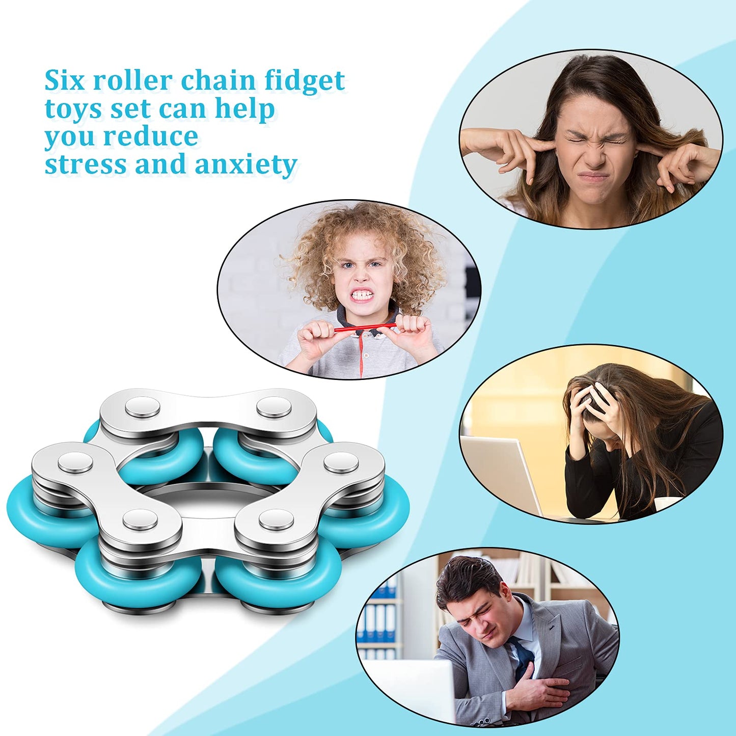 2 Pieces Fidget Toys Flippy Roller Chain, Six Roller Chain Fidget Toys Bike Chain Toys Novelty Stress Relief For Adults Anxiety Autism, Adhd (Dark Blue, Sky Blue)