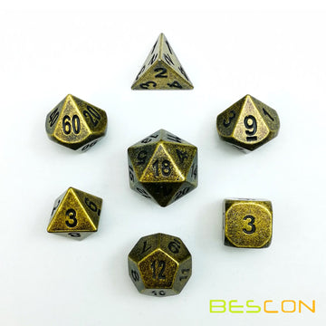 Bescon Ancient Brass Solid Metal Polyhedral D&D Dice Set of 7 Antique Copper Metal RPG Role Playing Game Dice 7pcs Set