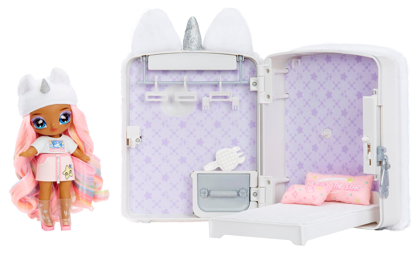 Na Na Na Surprise 3-In-1 Backpack Bedroom Unicorn Playset Whitney Sparkles Fashion Doll, Fuzzy White Unicorn Backpack, Closet Wi