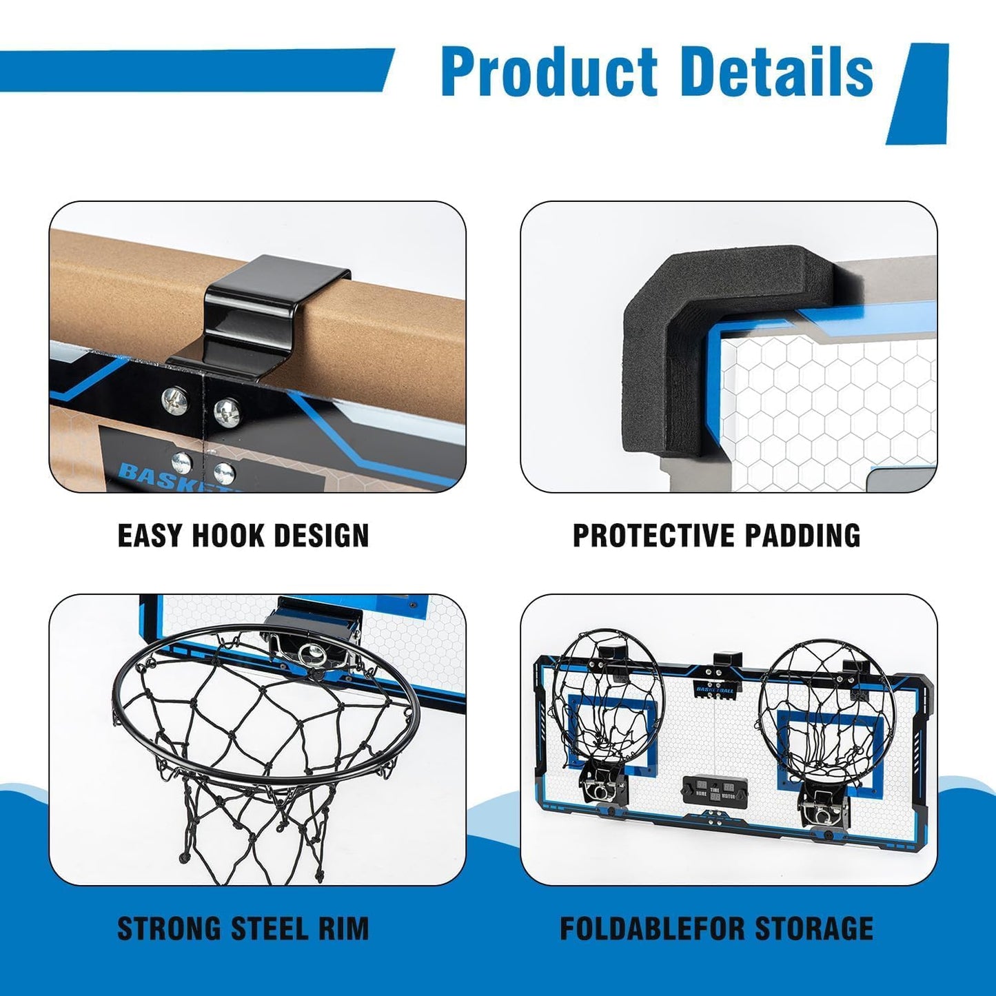 Vrogtik Indoor Double Shot Basketball Hoop - Over The Door With Led Light, Electronic Scoreboard, 4 Balls - Wall Mount Toy Mini