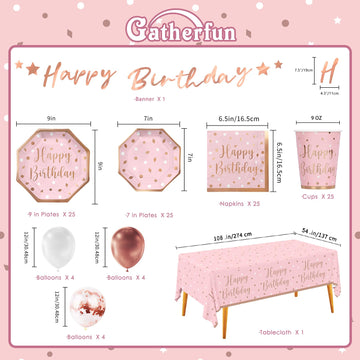 Rose Gold Birthday Party Supplies - Disposable Paper Plates, Napkins, Cups, Tablecloth & Banner For Girl/Women Celebration, Serv