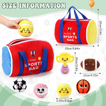 HyDren 7 Pcs My First Sports Bag Stuffed Plush Toys Playset Bulit-in Bell Baby Sports Balls and Trophy for Toddler 1-3 and Up Baby Gift tossing Toys for Boys and Girls Early Education