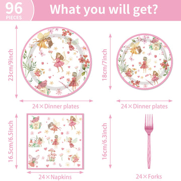 Fairy Birthday Party Supplies Tableware - 96Pcs Butterfly Flower Fairies Plates And Napkins Birthday Decorations, Enchanted Fore