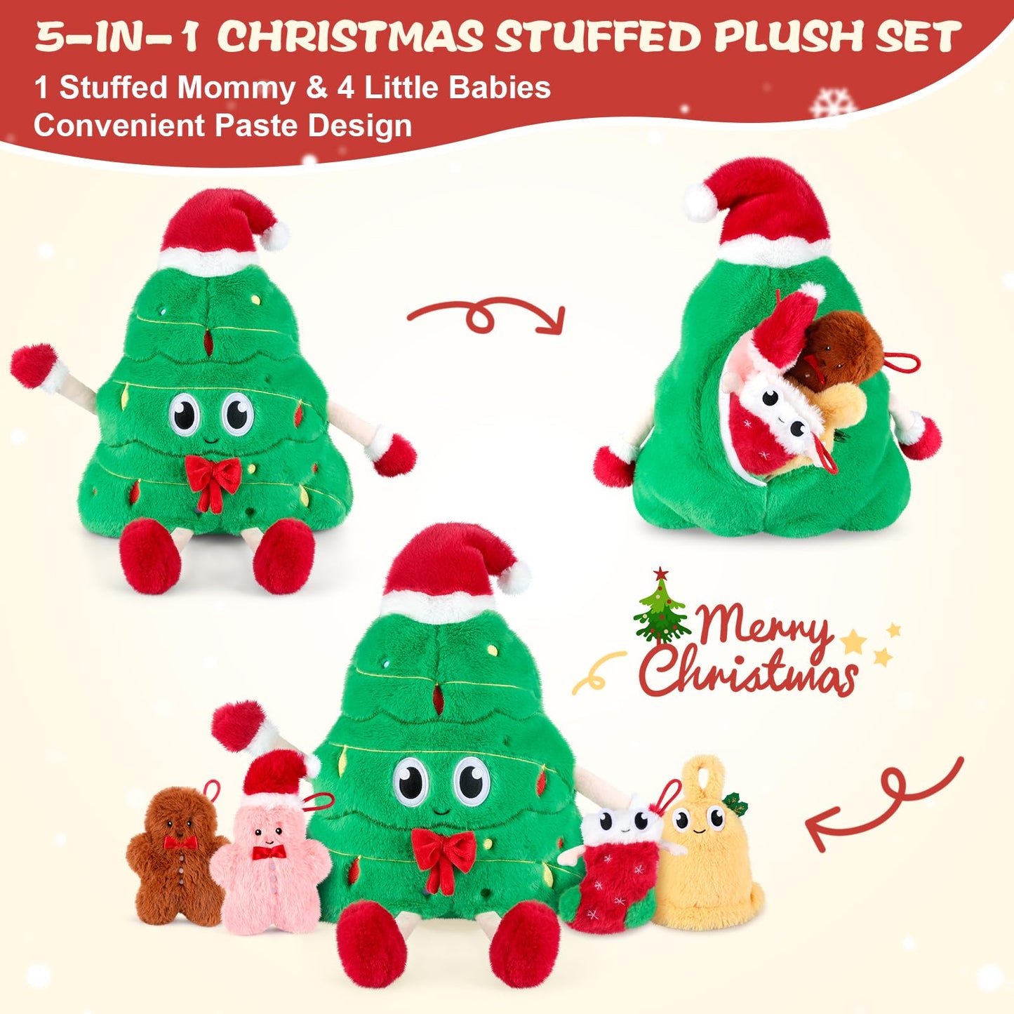 5-In-1 Christmas Tree Stuffed Animal With Babies Inside, 5Pc Set Christmas Pillows Plush With Mommy & 4 Babies, Christmas Stuffe