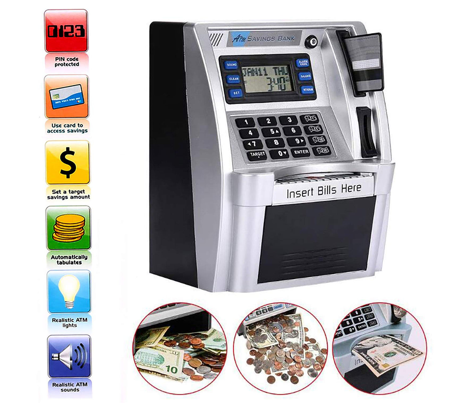 2023 Upgraded Atm Piggy Bank For Real Money Atm Savings Bank Machine For Kids Adults With Card Mini Atm Money Machine Coin Bill Feeder Educational Toy Christmas Birthday Gift(Silver/Black)