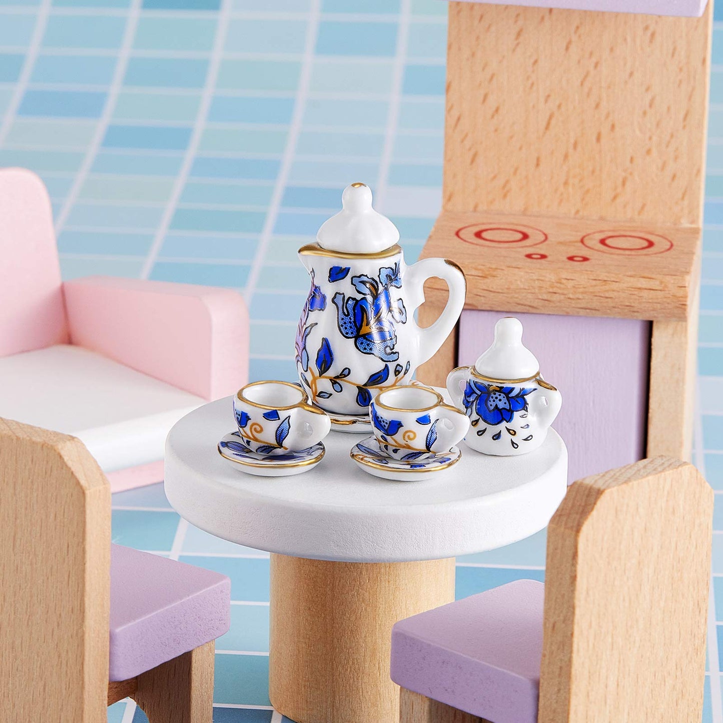 15 Pieces Miniature Porcelain Tea Cup Set Kitchen Miniature Porcelain Set Mini Flower Pattern Teapot Cup Plates Dollhouse Kitchen Accessories(Retro Flower Style)