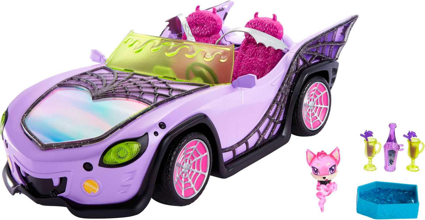 Monster High Toy Car, Ghoul Mobile with Pet & Cooler Accessories, Purple Doll-Sized Convertible with Spiderweb Details