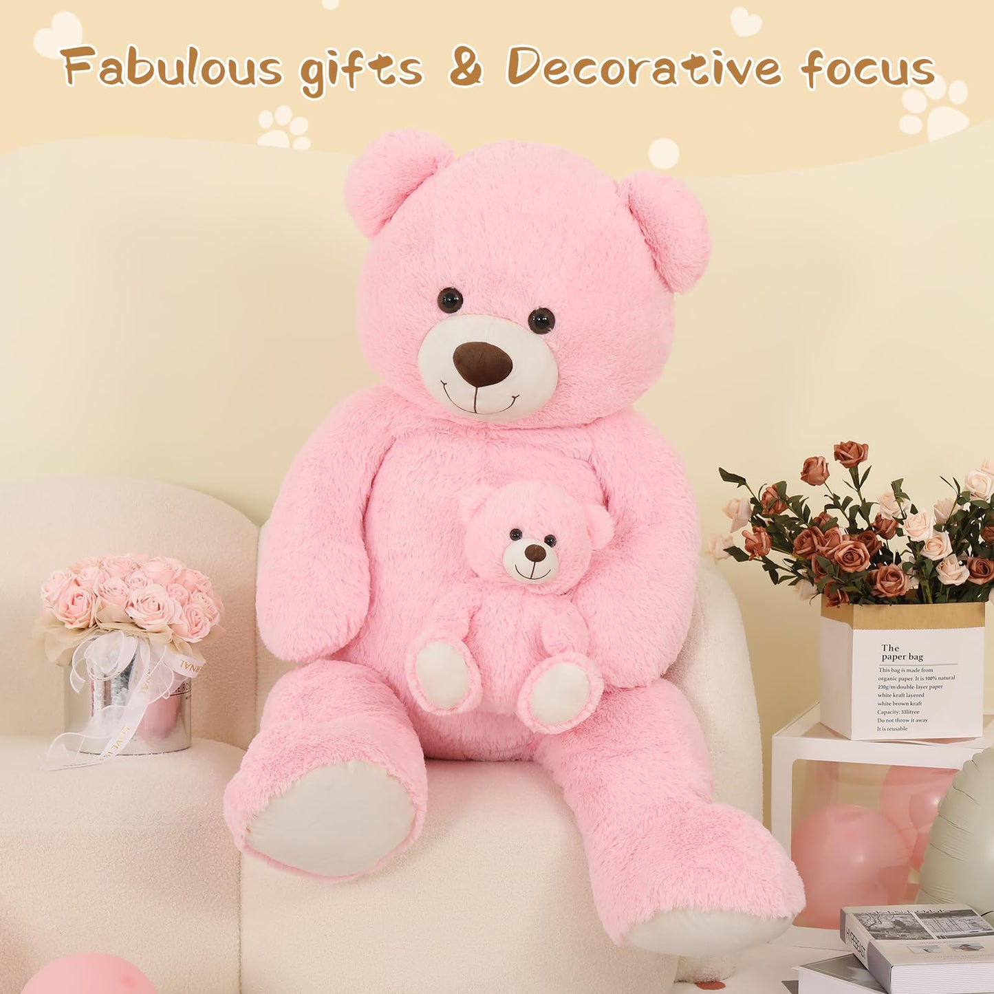 Tezituor Giant Teddy Bear Stuffed Animal 51In, Large Teddy Bear Mommy With Baby, Big Teddy Bear Stuffed Bear For Kids, Girlfriend On Mother'S Day, Valentine, Christmas, Baby Shower, Birthday, Pink