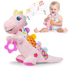 Ryotagift Baby Dino Musical Stuffed Animal - Pink Infant Tummy Time Toy with Crinkle Sound, Teether & Rattles for 0-12 Months