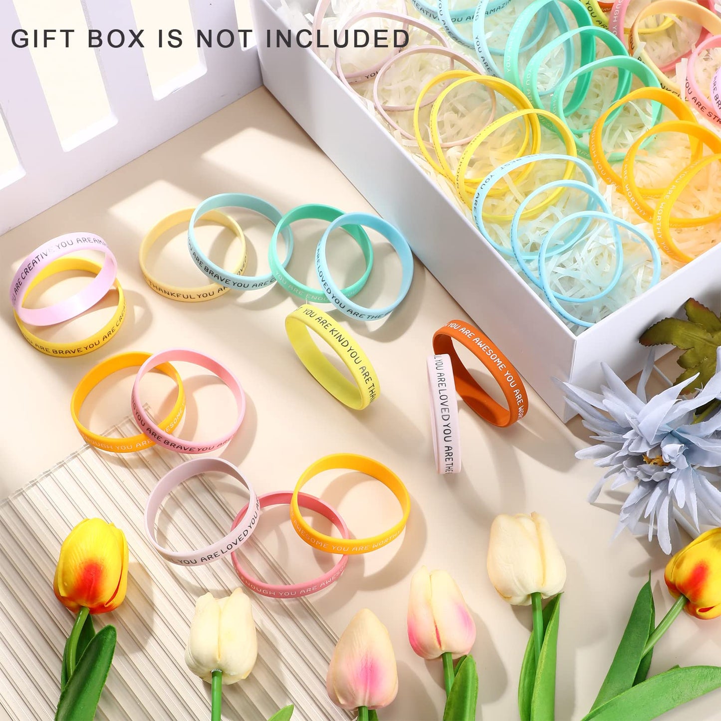 Roowest 120 Pcs Motivational Wristbands Bulk for Student Inspirational Rubber Bands Stretch Silicone Bracelet Stocking Suffers f