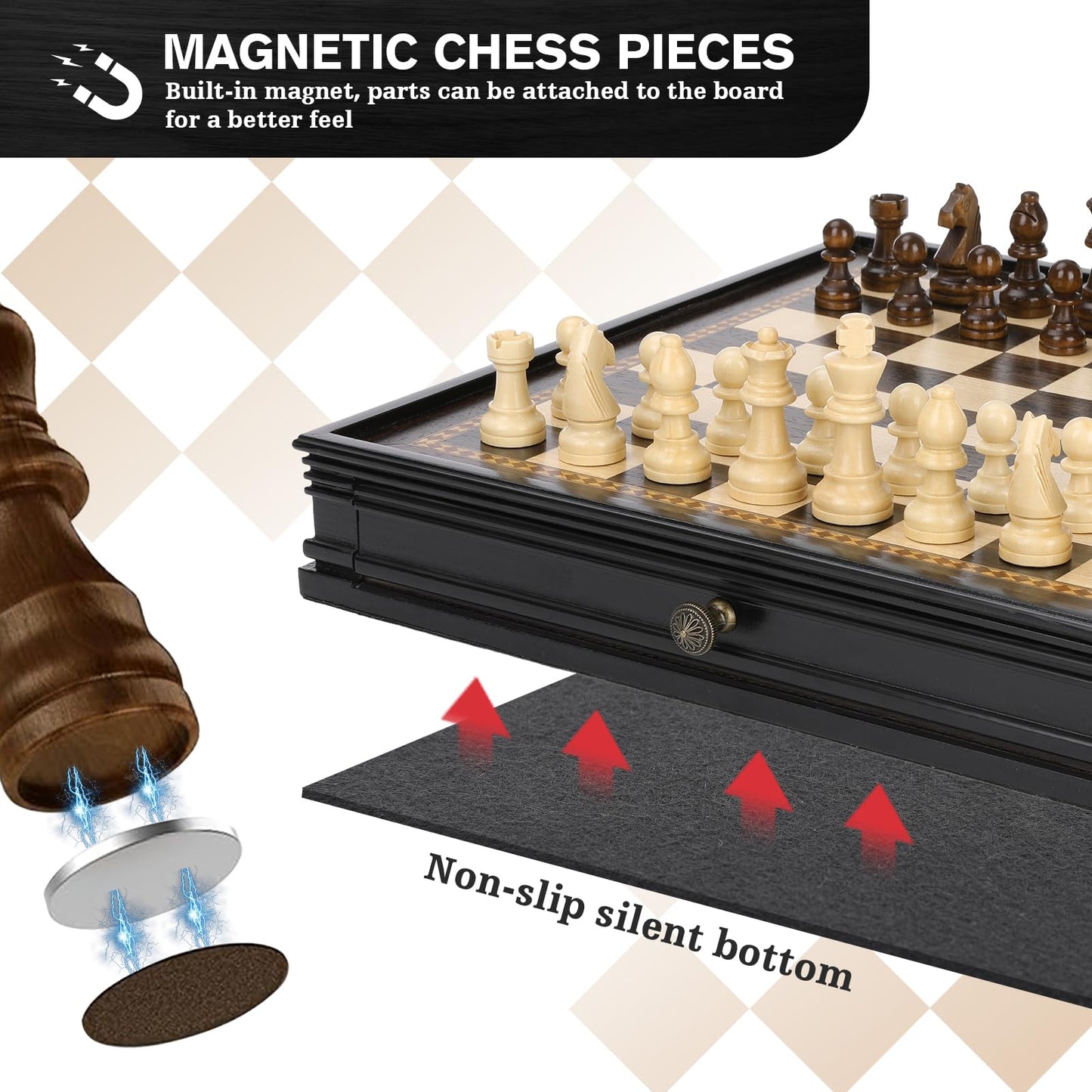 Peradix 12.8 Magnetic Chess Checkers Board Set - Ebony Wooden Game with 2 Built-in Drawers & Extra Queens for Kids & Adults