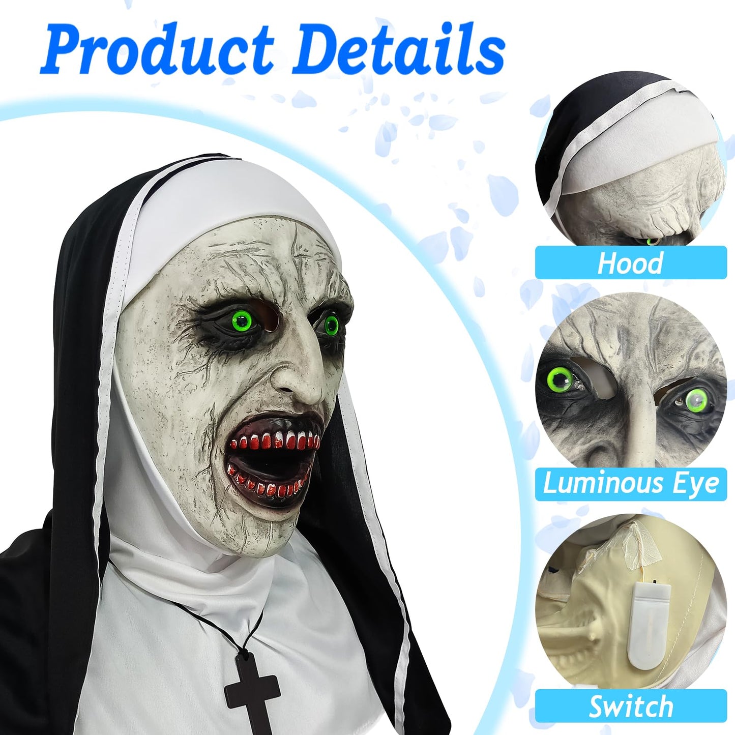 lewexiison 2024 Nun Scary Mask,Halloween Party Scary Full Head Costume Mask with cross necklace,Blood mouth