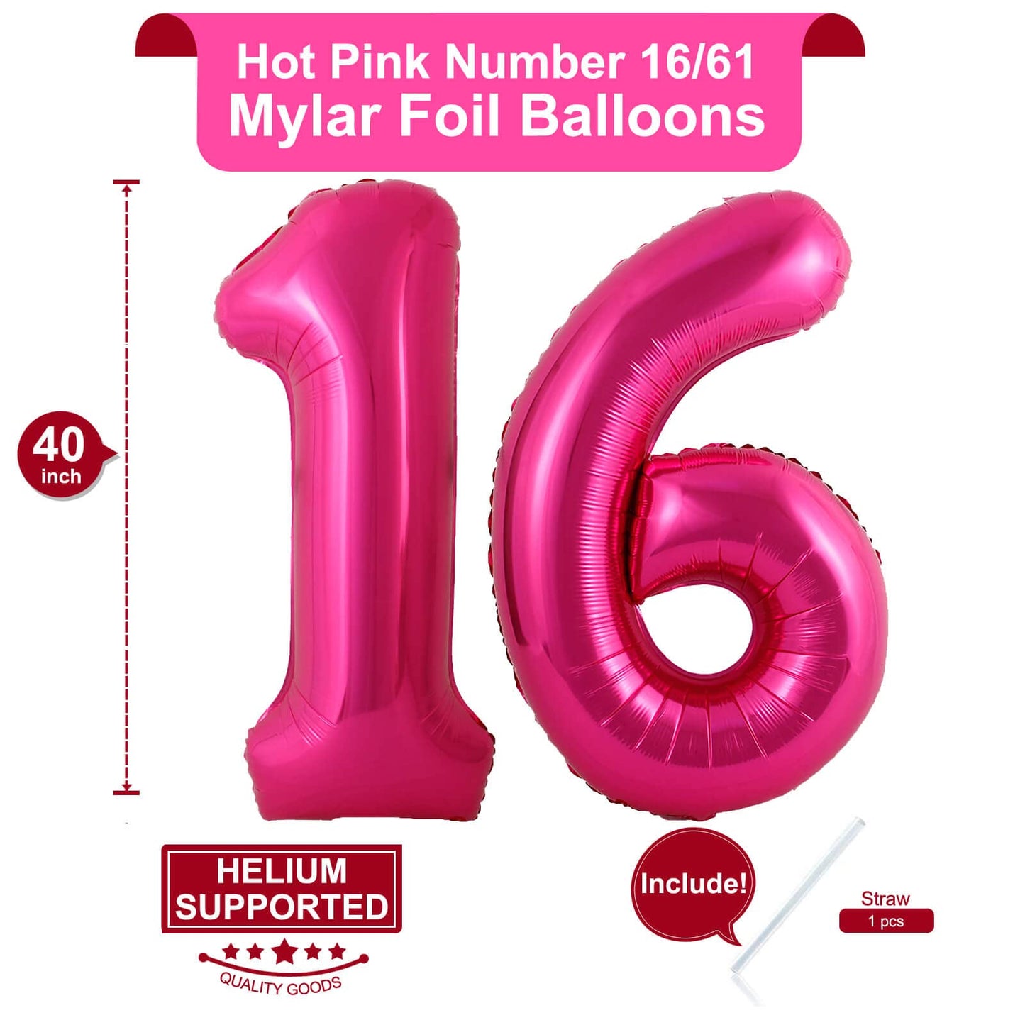 40 Inch Hot Pink 16 Number Balloons Giant 16 Or 61 Balloons Hot Pink Birthday 16 Balloons 16Th Birthday Anniversary Party Decora
