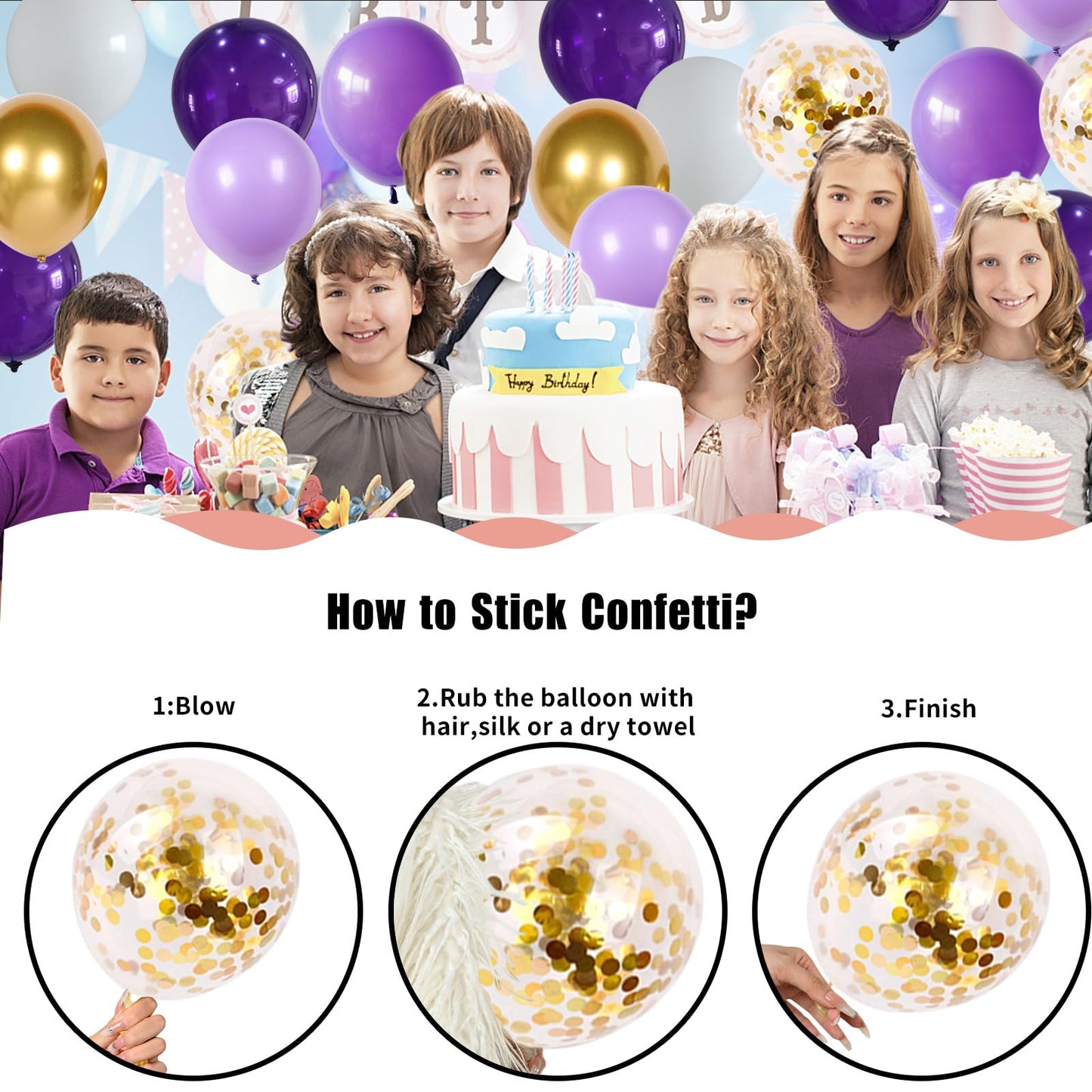Jobkoo Purple White 60Pcs Balloon Set For Girls Birthday, Princess Themed With Gold Confetti, 12-Inch Latex Balloons For Baby Sh