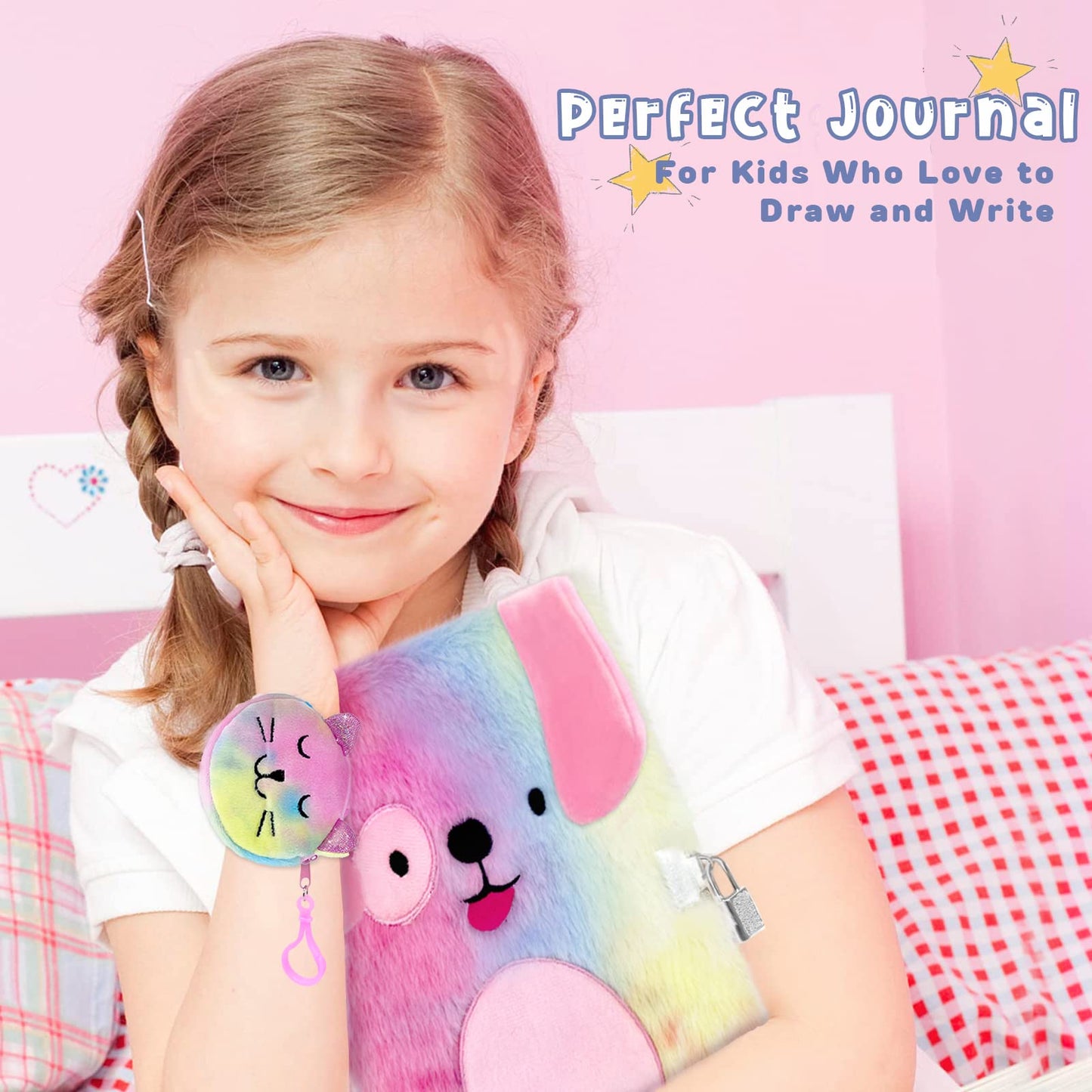 Homicozy Dog Diary For Girls With Lock And Keys,Tie-Dye Fuzzy Journal For Kids With 160 Lined Pages,Fluffy Secret Notebooks For Writing And Drawing,Birthday Gifts For Girls Ages 6 And Up,Puppy