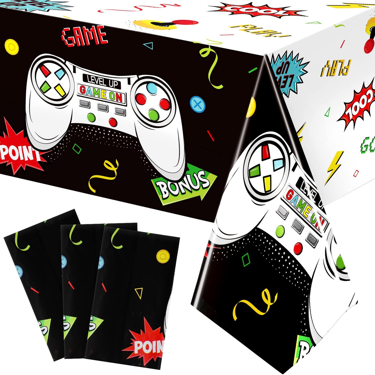 3 Pcs Video Game Table Cover Video Game Birthday Decoration Game Theme Plastic Table Cloth Party Supplies For Boys Girls Kids Player Geek Party Decorations, 54 X 108 Inch (Black, White, Cool Style)