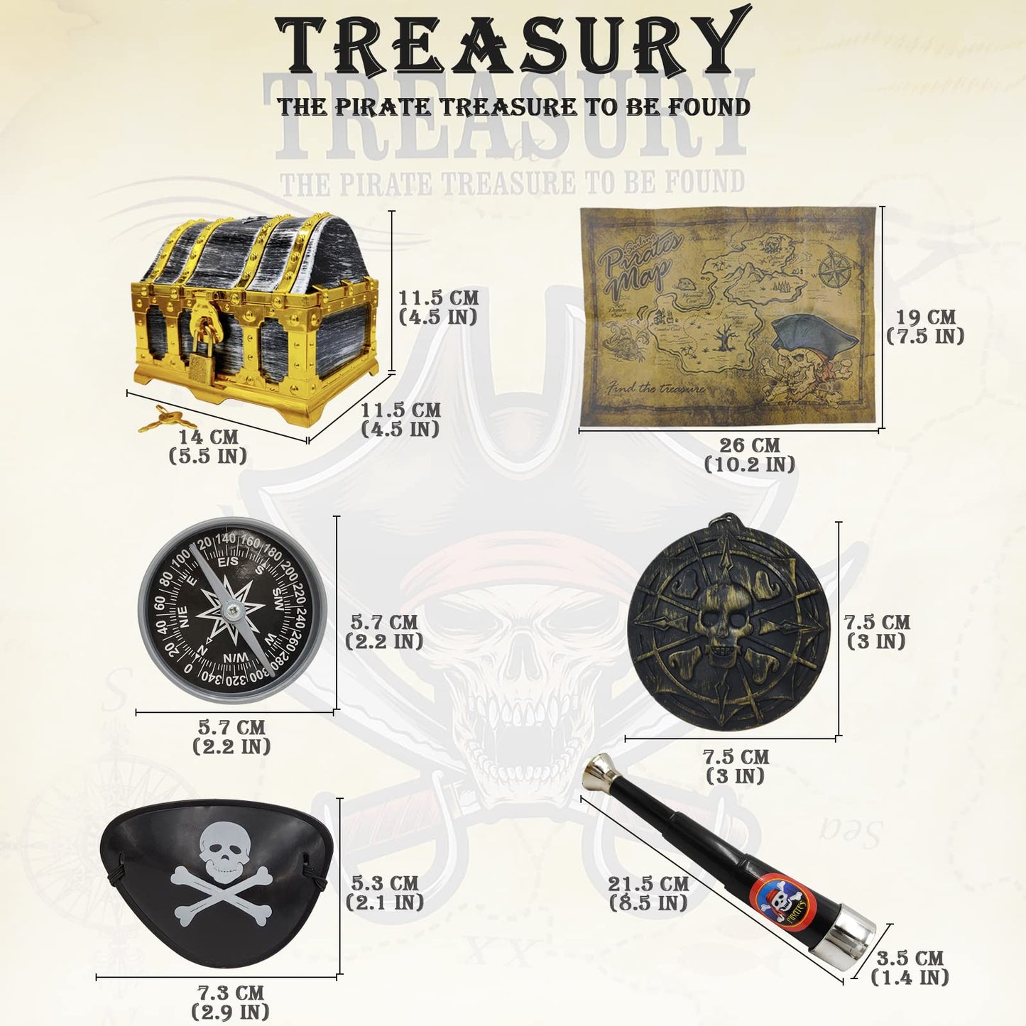128 Pieces Kids Golden Frame Pirate Treasure Chest Toy Set Vintage Pirate Pretend Toys Include Pirate Chest, Pirate Coins, Jewel