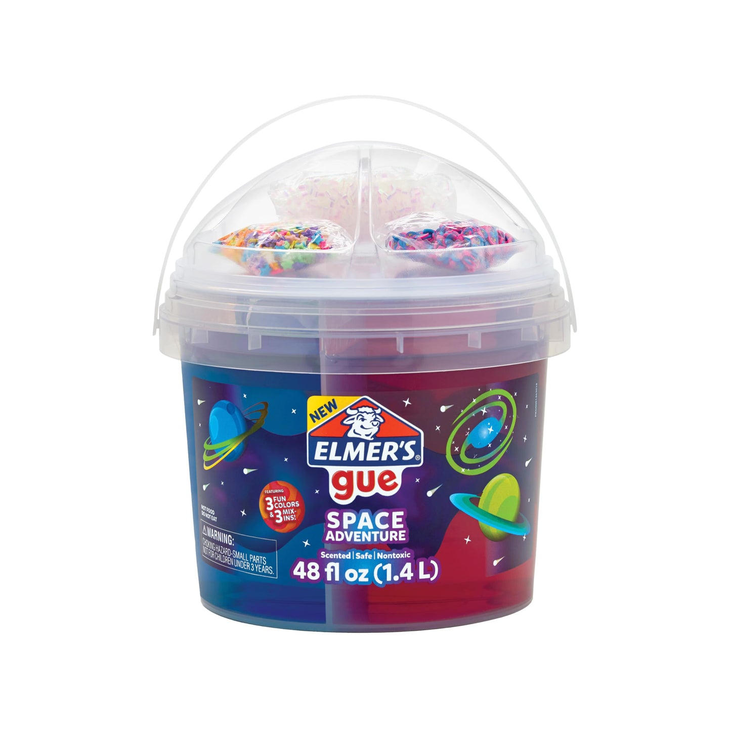 Elmer’S Gue Premade Slime Bucket, Space Adventure Theme, Includes 3 Lb. Bucket With 3 Types Of Slime And 3 Sets Of Add-Ins